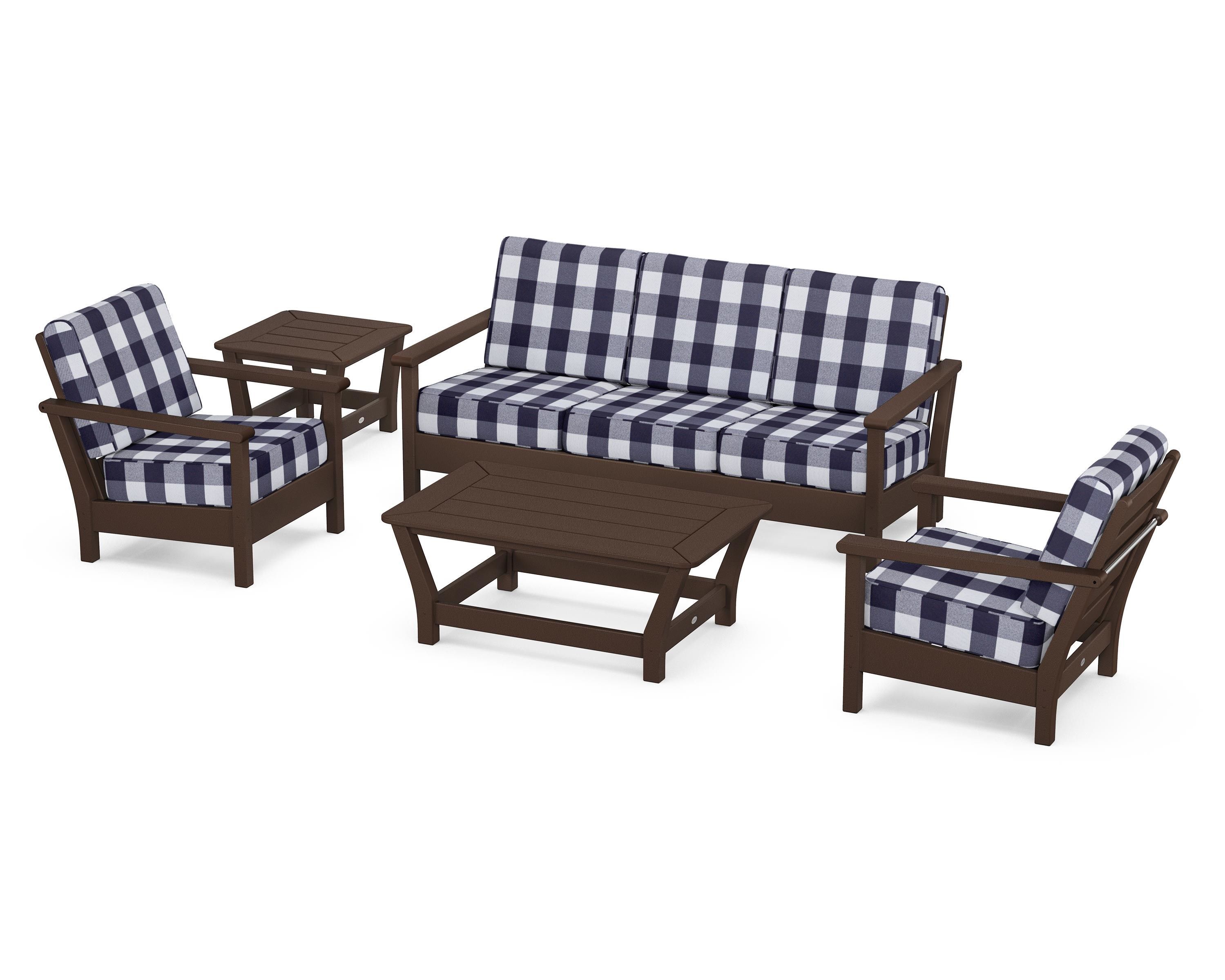 POLYWOOD® Harbour 5-Piece Deep Seating Set in Mahogany / Buffalo Plaid Navy