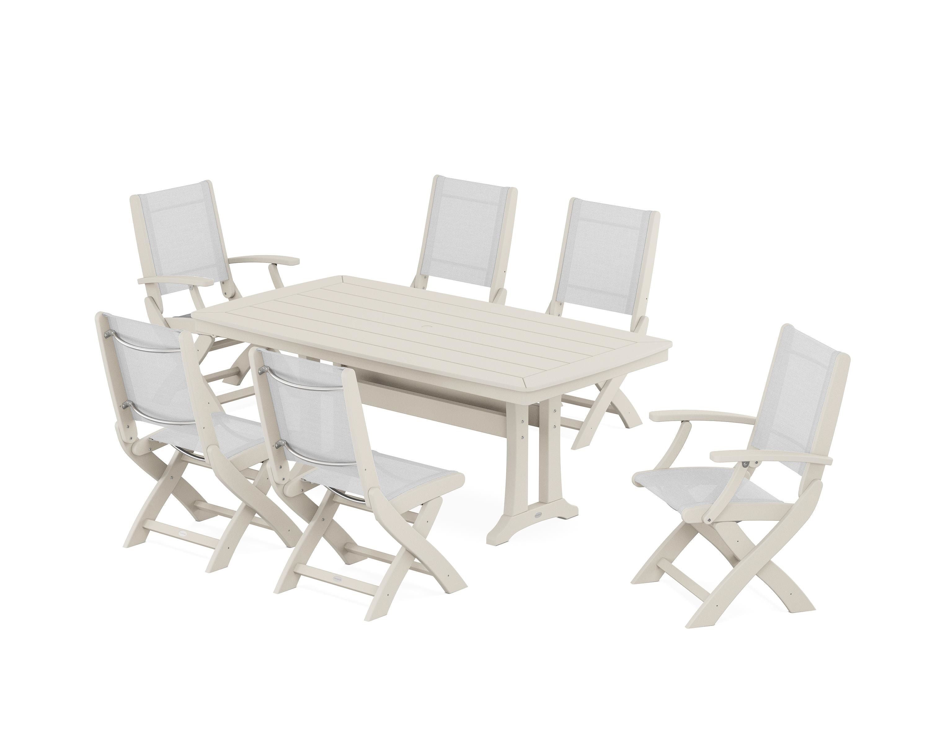 POLYWOOD® Coastal Folding Chair 7-Piece Dining Set with Trestle Legs in Sand / White Sling