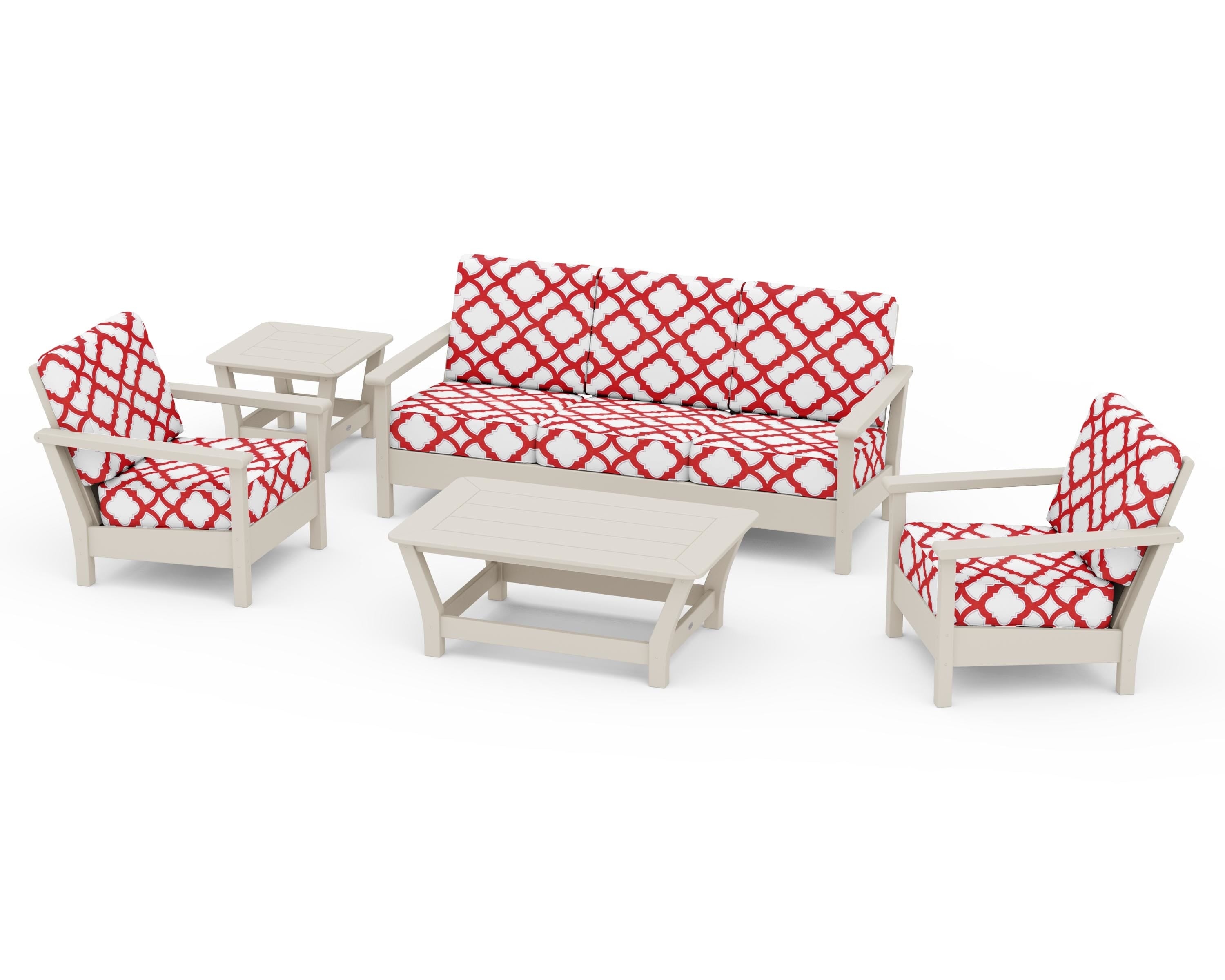 POLYWOOD® Harbour 5-Piece Deep Seating Set in Sand / Trellis Crimson