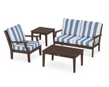 POLYWOOD® Braxton 4-Piece Deep Seating Set in Mahogany / Cabana Stripe Sky Blue