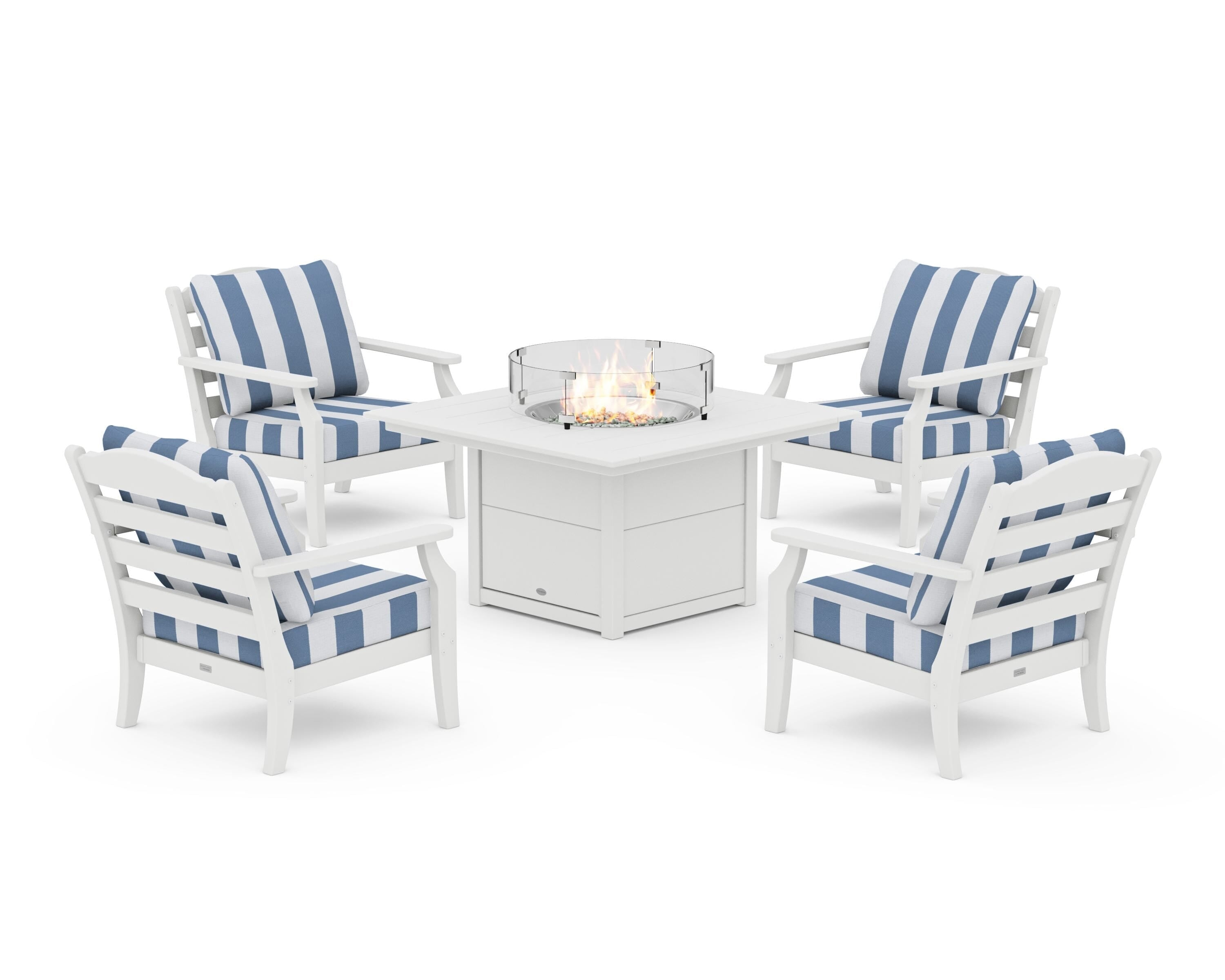 Draper James™ by  POLYWOOD® Savannah 5-Piece Deep Seating Set with Fire Pit Table in White / Cabana Stripe Sky Blue