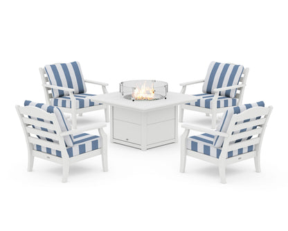 Draper James™ by  POLYWOOD® Savannah 5-Piece Deep Seating Set with Fire Pit Table in White / Cabana Stripe Sky Blue