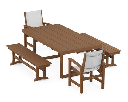 POLYWOOD® Coastal 5-Piece Dining Set with Trestle Legs in Teak / White Sling