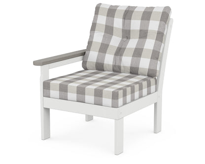 POLYWOOD® Vineyard Modular Left Arm Chair in White / Driftwood / Buffalo Plaid Grey Mist
