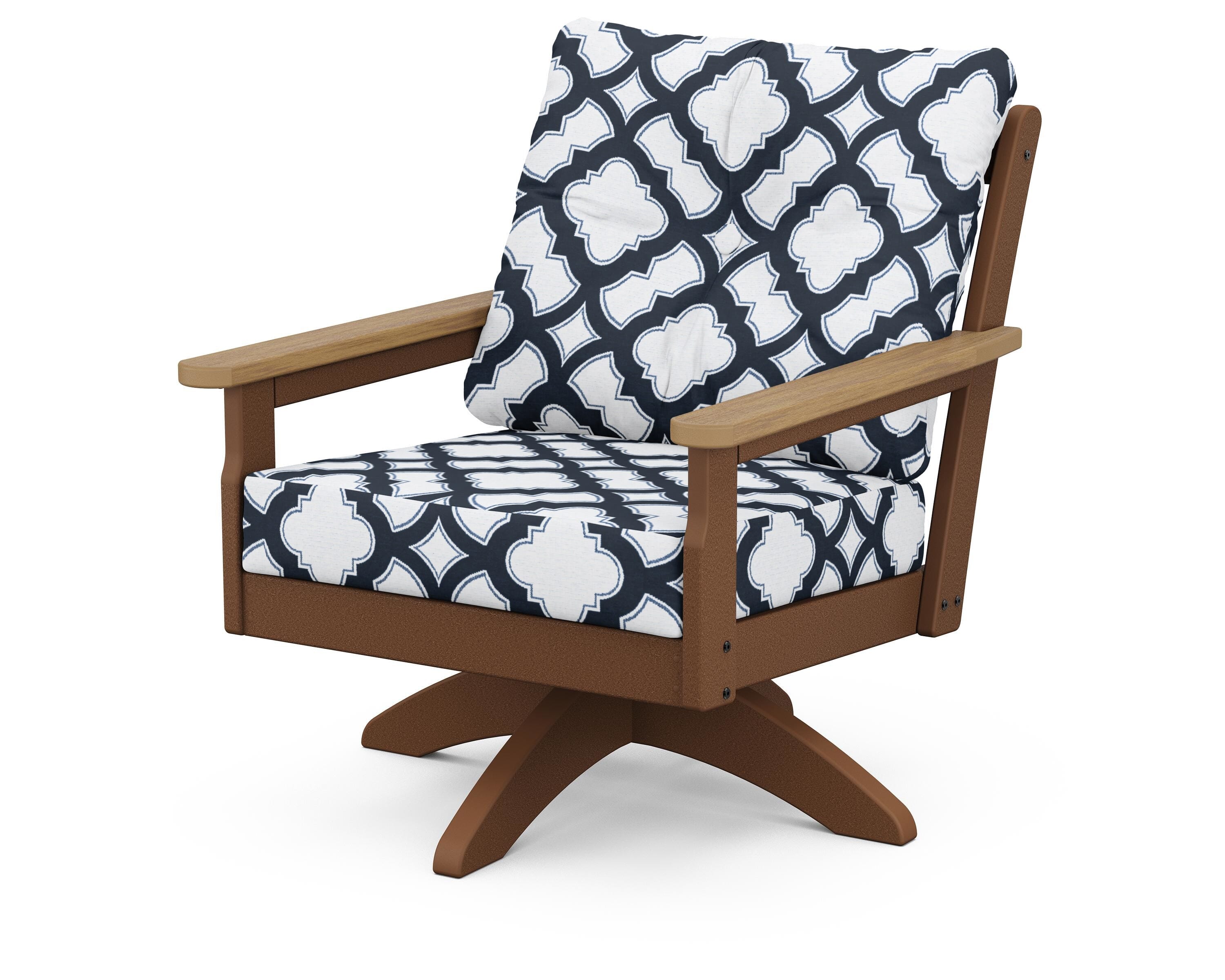 POLYWOOD® Vineyard Deep Seating Swivel Chair in Teak / Natural / Trellis Marine Indigo
