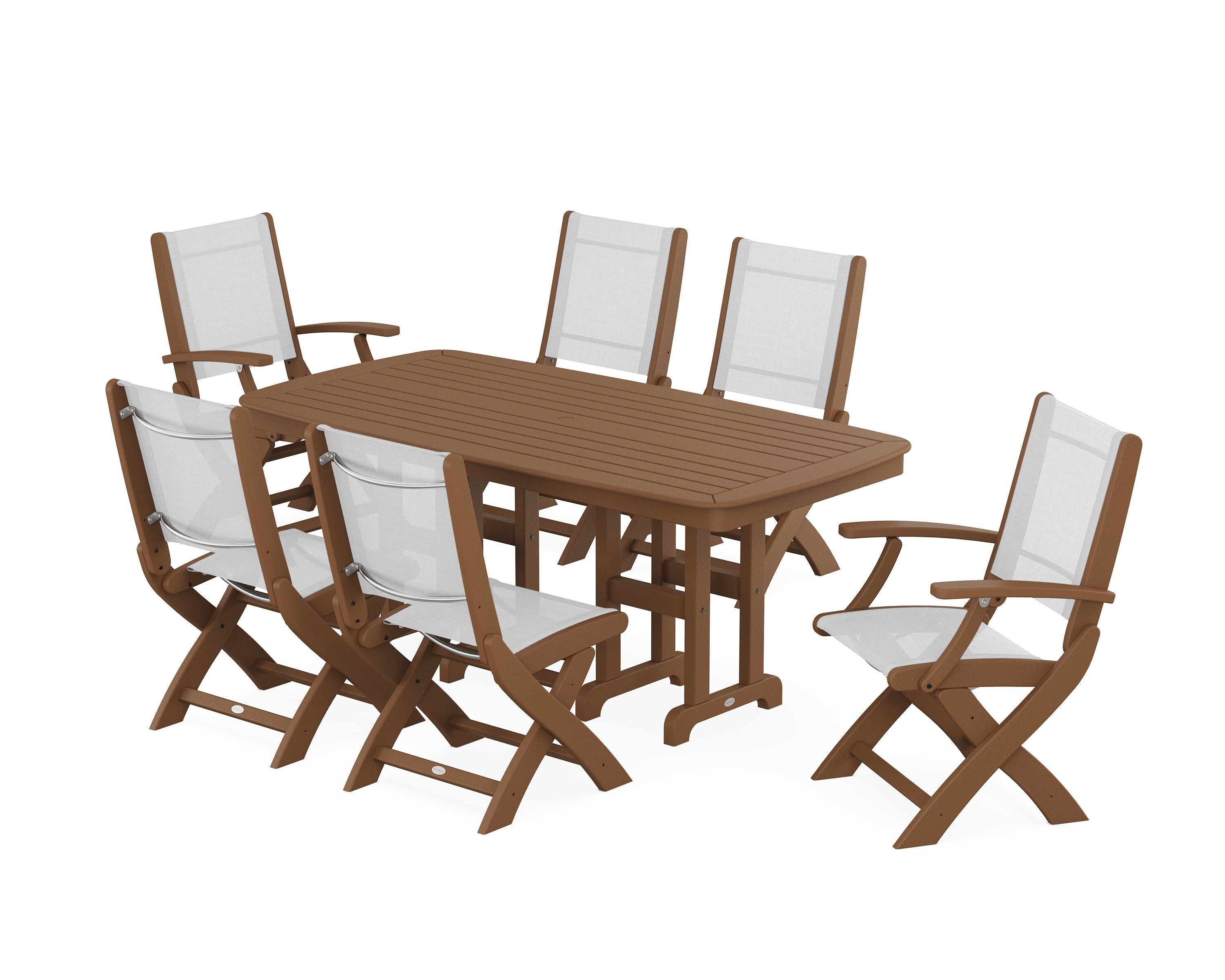 POLYWOOD® Coastal Folding Chair 7-Piece Dining Set in Teak / White Sling