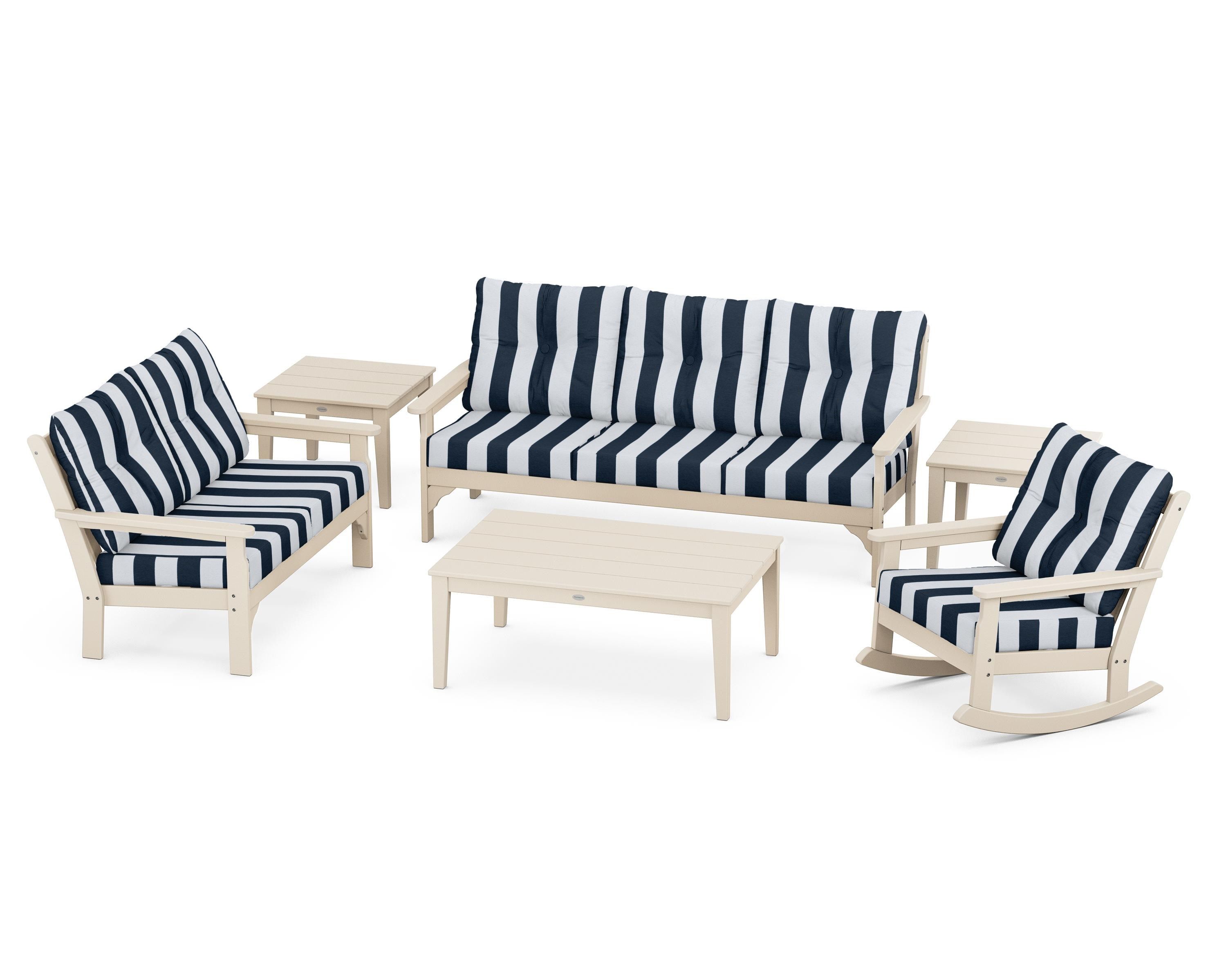 POLYWOOD® Vineyard 6-Piece Deep Seating Set in Sand / Cabana Stripe Marine Indigo