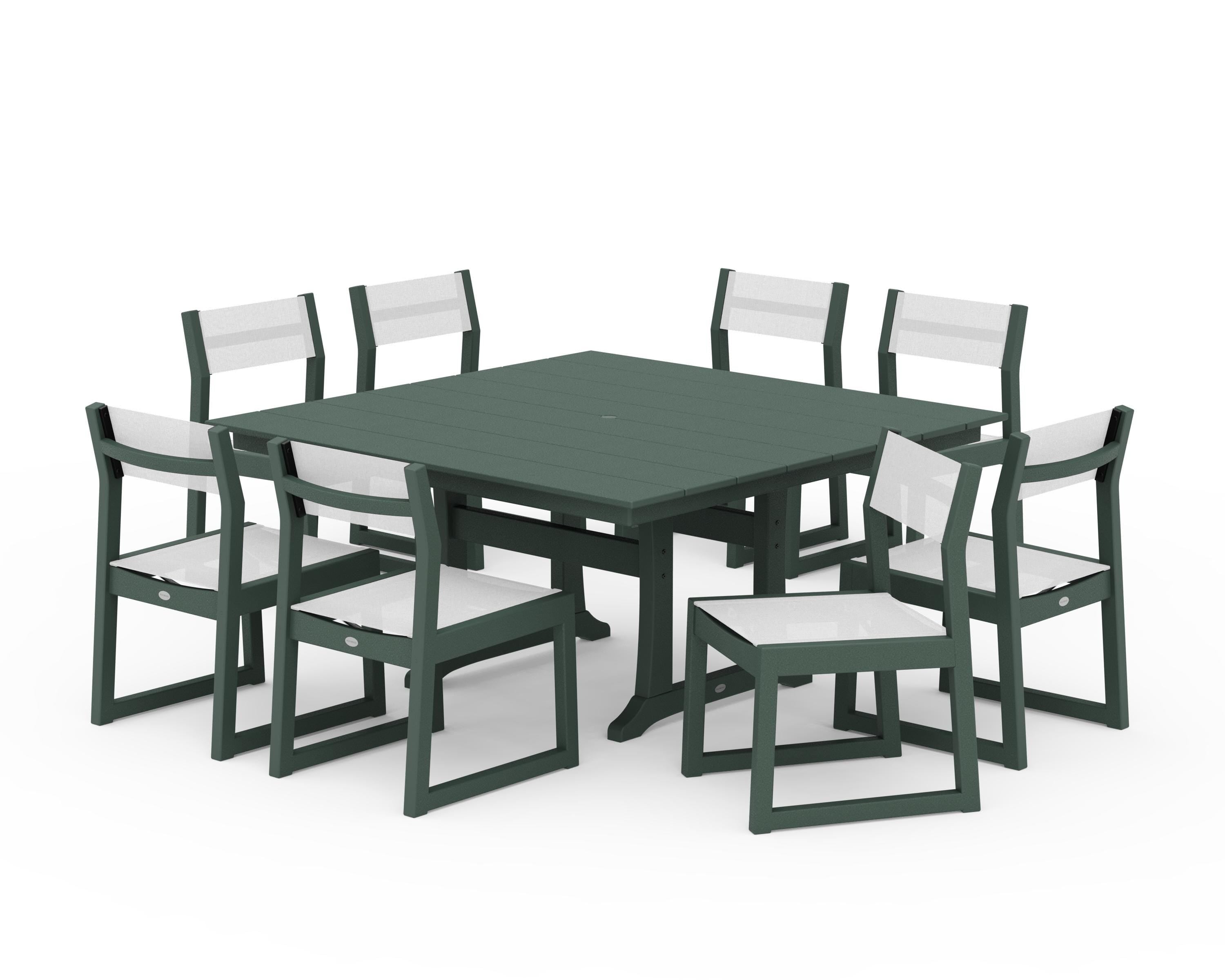 POLYWOOD® EDGE Sling Side Chair 9-Piece Farmhouse Trestle Dining Set in Green / White Sling