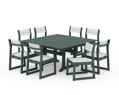 POLYWOOD® EDGE Sling Side Chair 9-Piece Farmhouse Trestle Dining Set in Green / White Sling