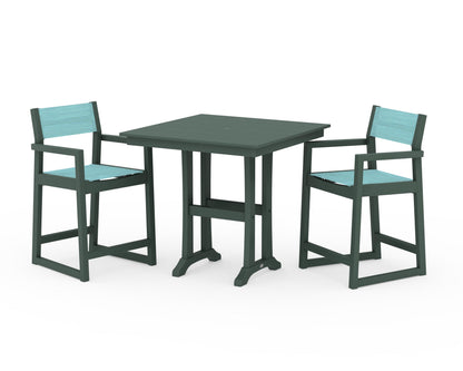 POLYWOOD® EDGE Sling Arm Chair 3-Piece Farmhouse Counter Set with Trestle Legs in Green / Dupioni Aquamarine Sling