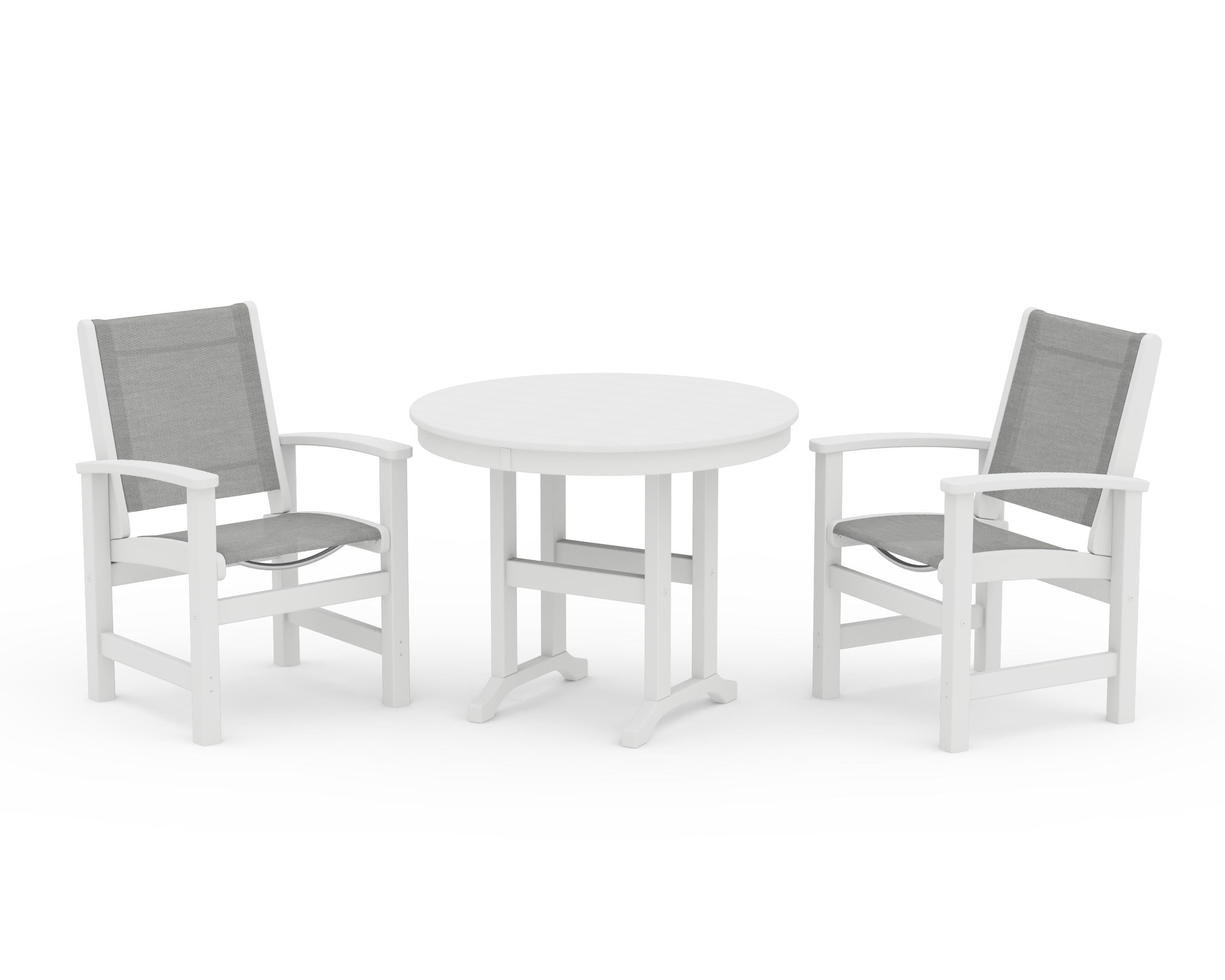 POLYWOOD® Coastal 3-Piece Round Dining Set in White / Metallic Sling