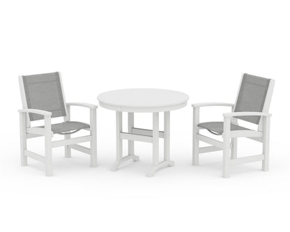 POLYWOOD® Coastal 3-Piece Round Dining Set in White / Metallic Sling