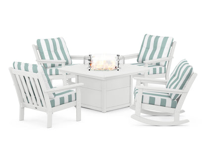 POLYWOOD® Vineyard 5-Piece Deep Seating Rocking Chair Conversation Set with Fire Pit Table in White / Cabana Stripe Glacier Spa
