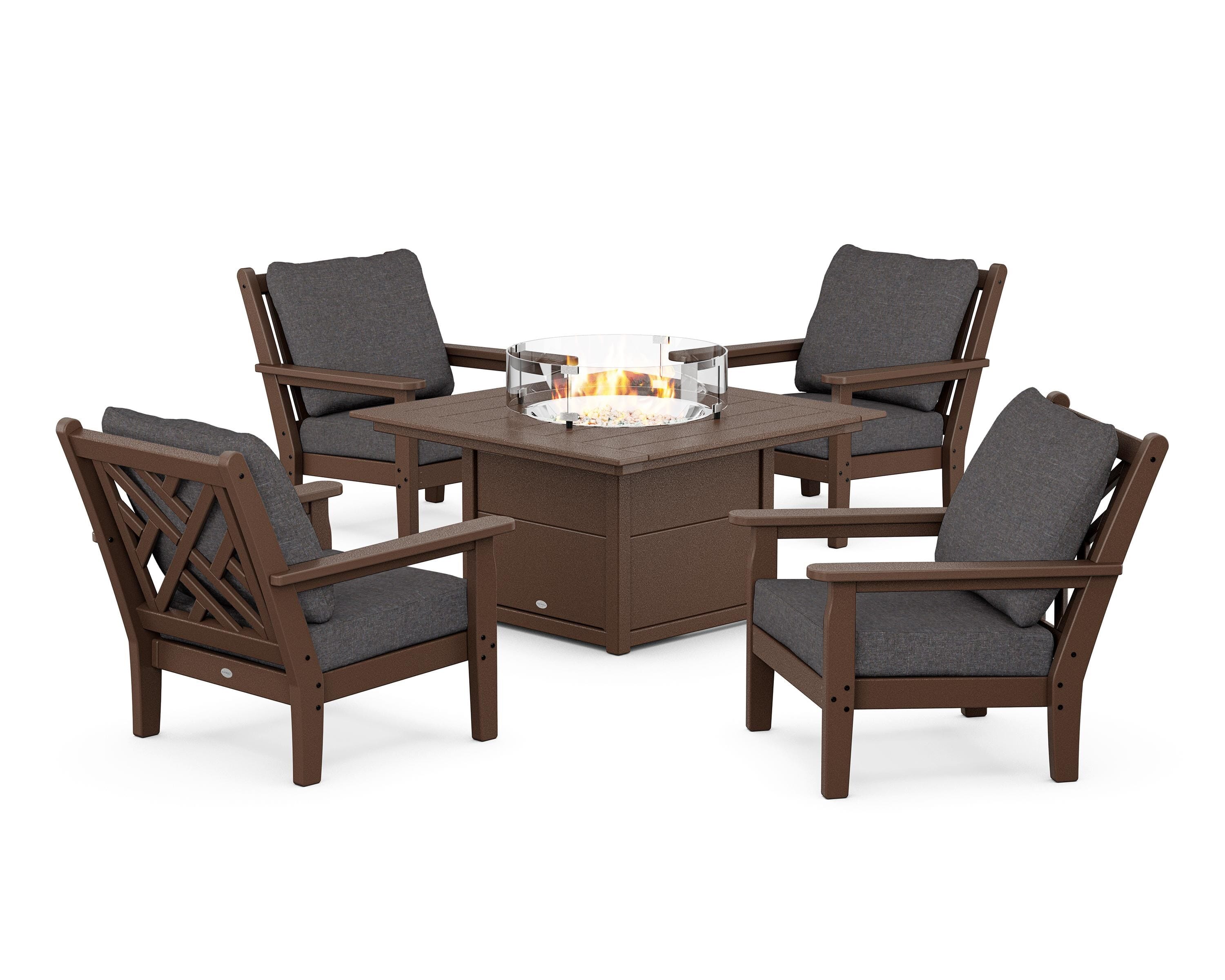 POLYWOOD® Chippendale 5-Piece Deep Seating Set with Fire Pit Table in Mahogany / Ash Charcoal