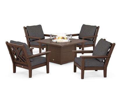 POLYWOOD® Chippendale 5-Piece Deep Seating Set with Fire Pit Table in Mahogany / Ash Charcoal
