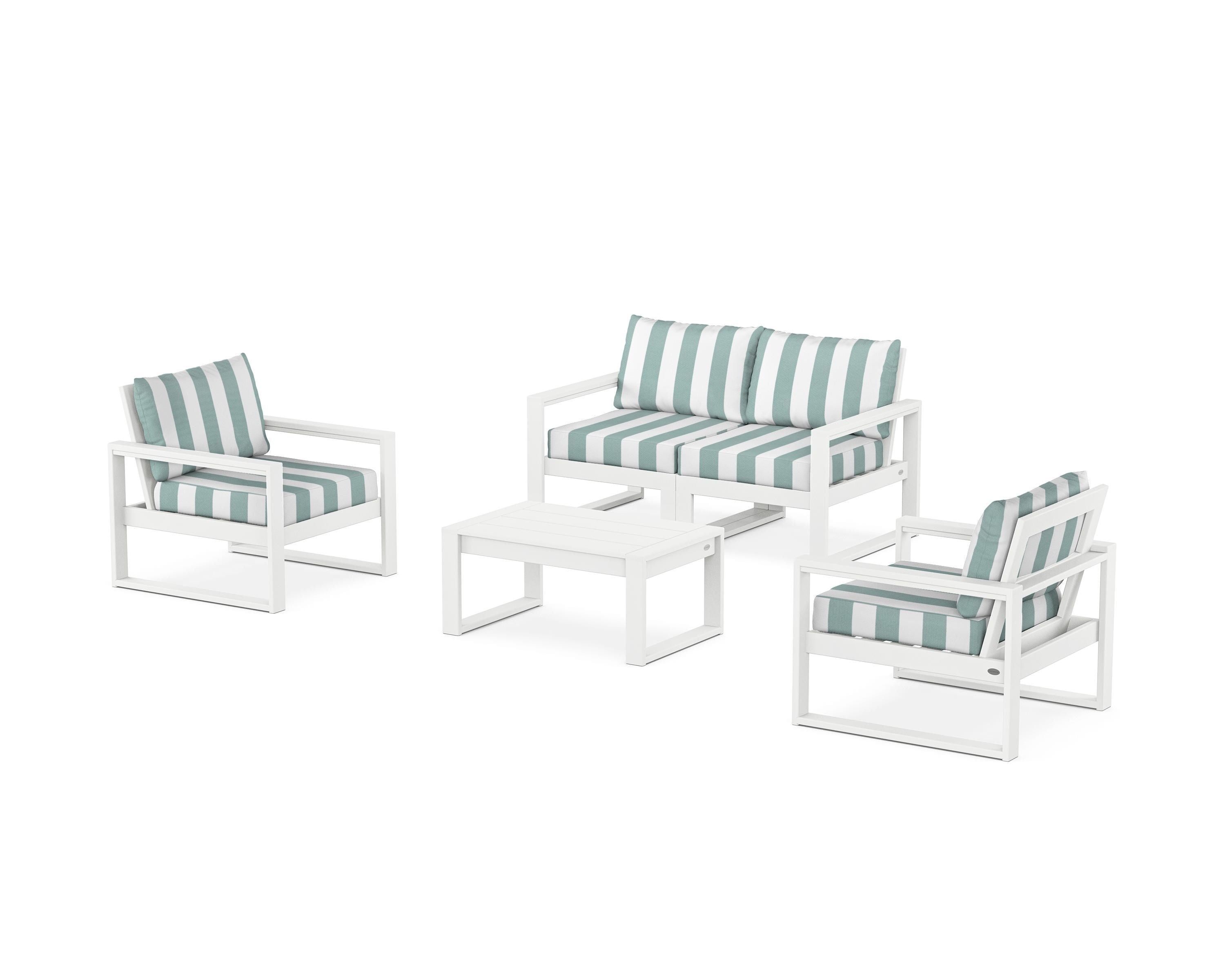 POLYWOOD® EDGE Sectional 4-Piece Deep Seating Set with Loveseat in White / Cabana Stripe Glacier Spa