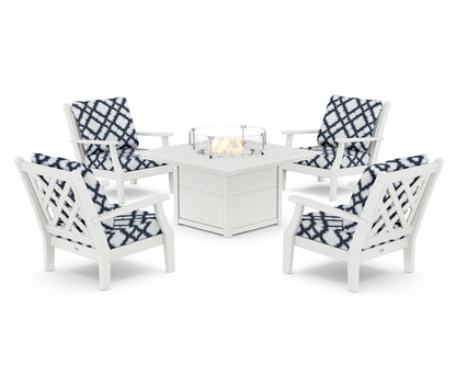 Country Living Wovendale 5-Piece Deep Seating Set with Fire Pit Table in White / Trellis Marine Indigo