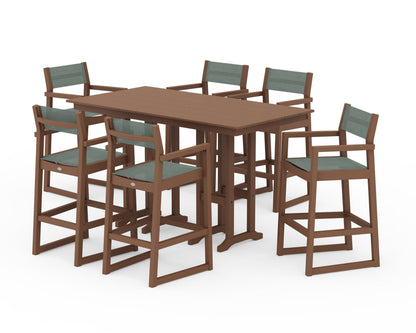 POLYWOOD® EDGE Sling Arm Chair 7-Piece Farmhouse Bar Set in Teak / Dupioni Sea Mist Sling