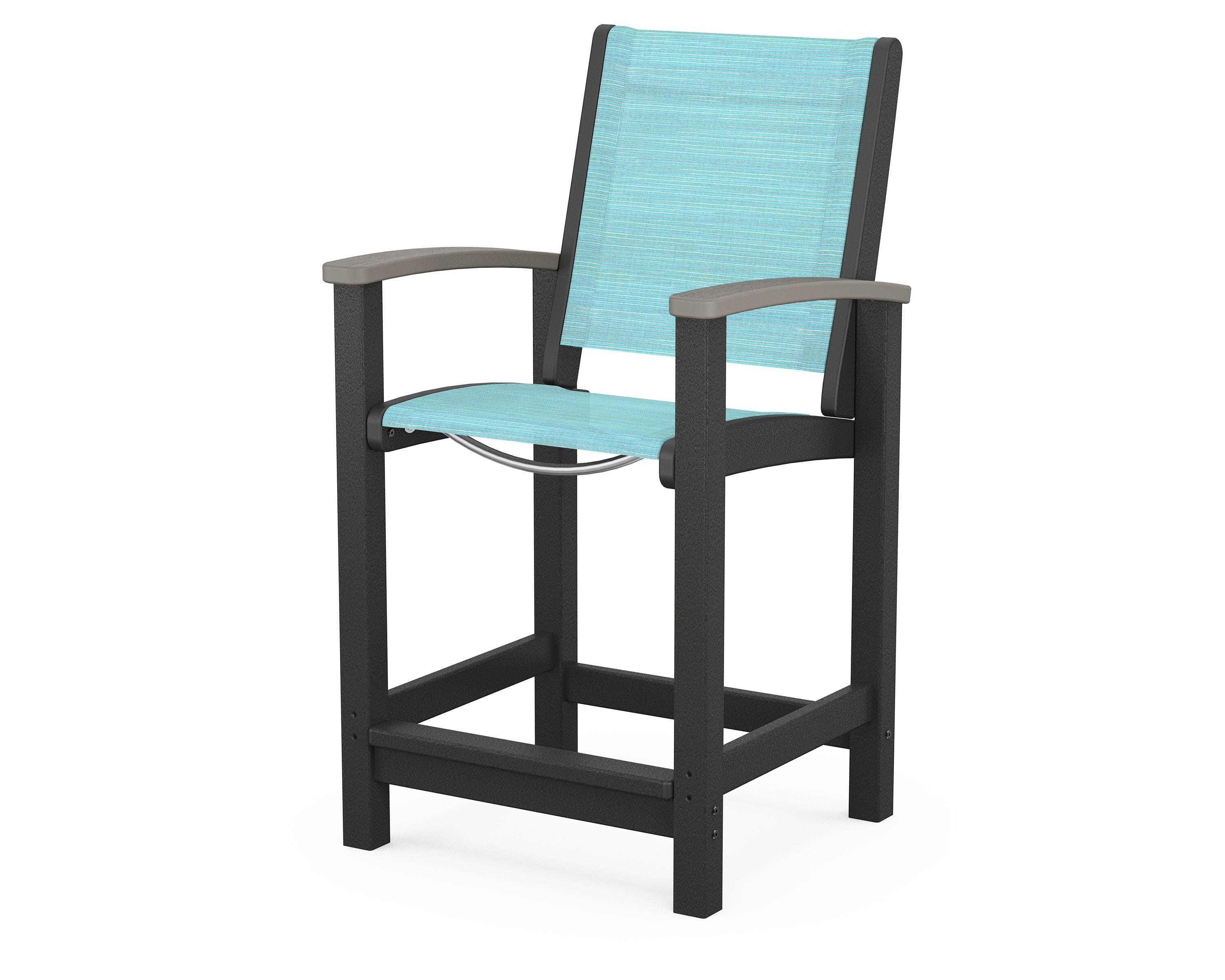POLYWOOD® Coastal Counter Chair in Black / Driftwood / Dupioni Aquamarine Sling