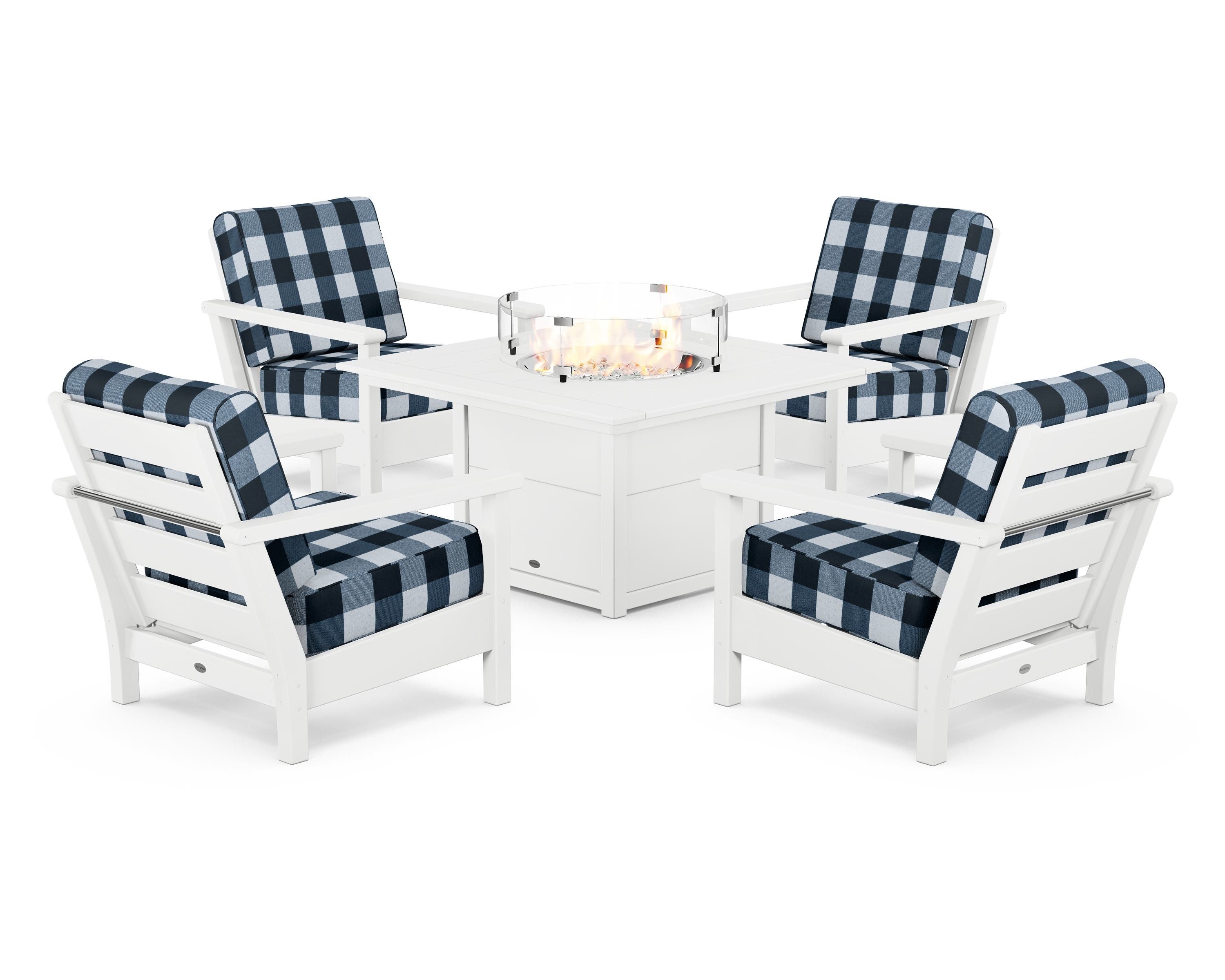 POLYWOOD® Harbour 5-Piece Conversation Set with Fire Pit Table in White / Buffalo Plaid Marine Indigo