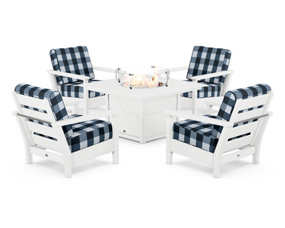 POLYWOOD® Harbour 5-Piece Conversation Set with Fire Pit Table in White / Buffalo Plaid Marine Indigo