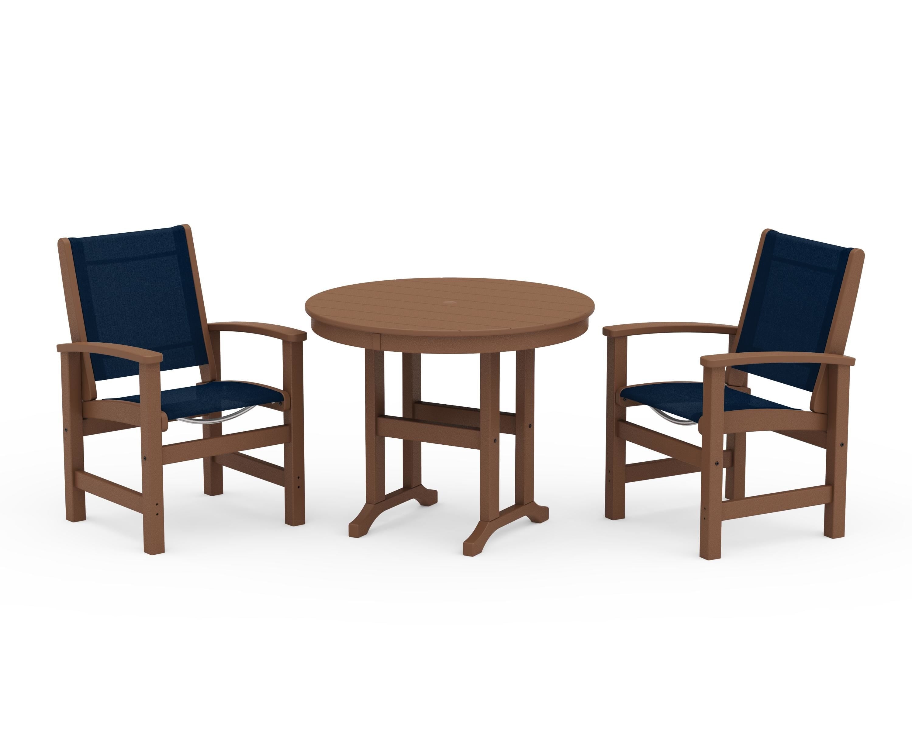 POLYWOOD® Coastal 3-Piece Round Dining Set in Teak / Navy Blue Sling