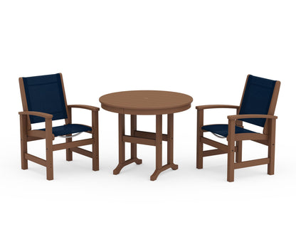 POLYWOOD® Coastal 3-Piece Round Dining Set in Teak / Navy Blue Sling