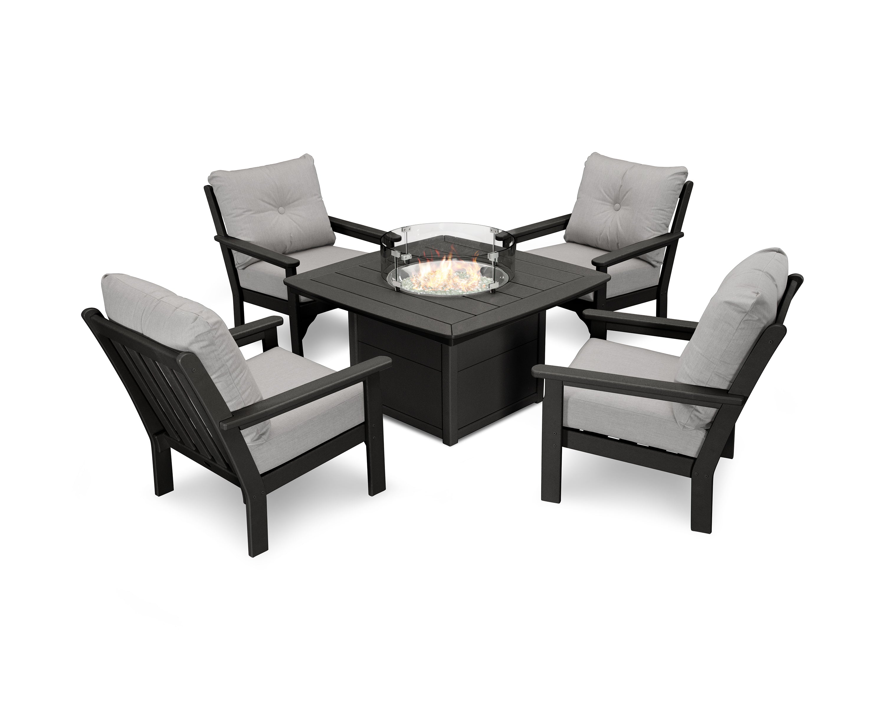 POLYWOOD® Vineyard 5-Piece Conversation Set with Fire Pit Table in Black / Granite