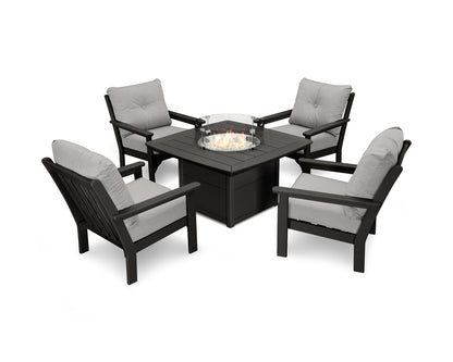 POLYWOOD® Vineyard 5-Piece Conversation Set with Fire Pit Table in Black / Granite