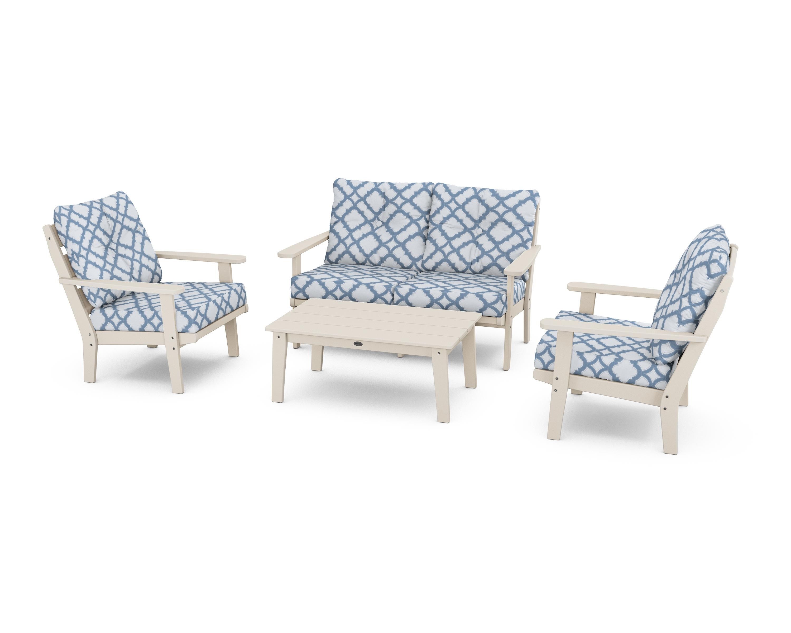 POLYWOOD® Lakeside 4-Piece Deep Seating Set in Sand / Trellis Sky Blue