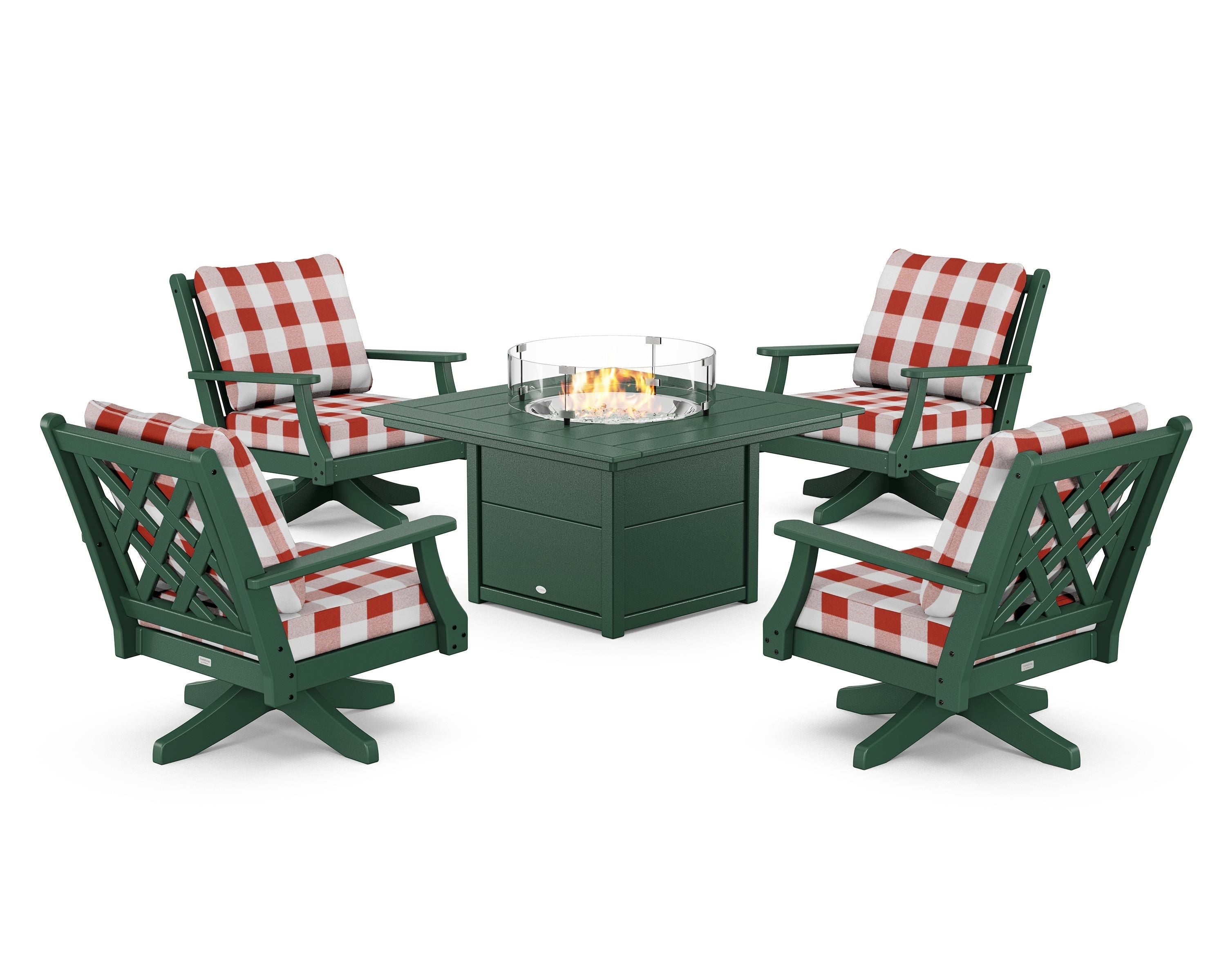 Country Living Wovendale 5-Piece Deep Seating Swivel Conversation Set with Fire Pit Table in Green / Buffalo Plaid Crimson