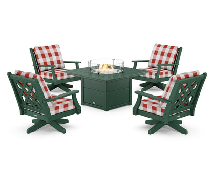 Country Living Wovendale 5-Piece Deep Seating Swivel Conversation Set with Fire Pit Table in Green / Buffalo Plaid Crimson