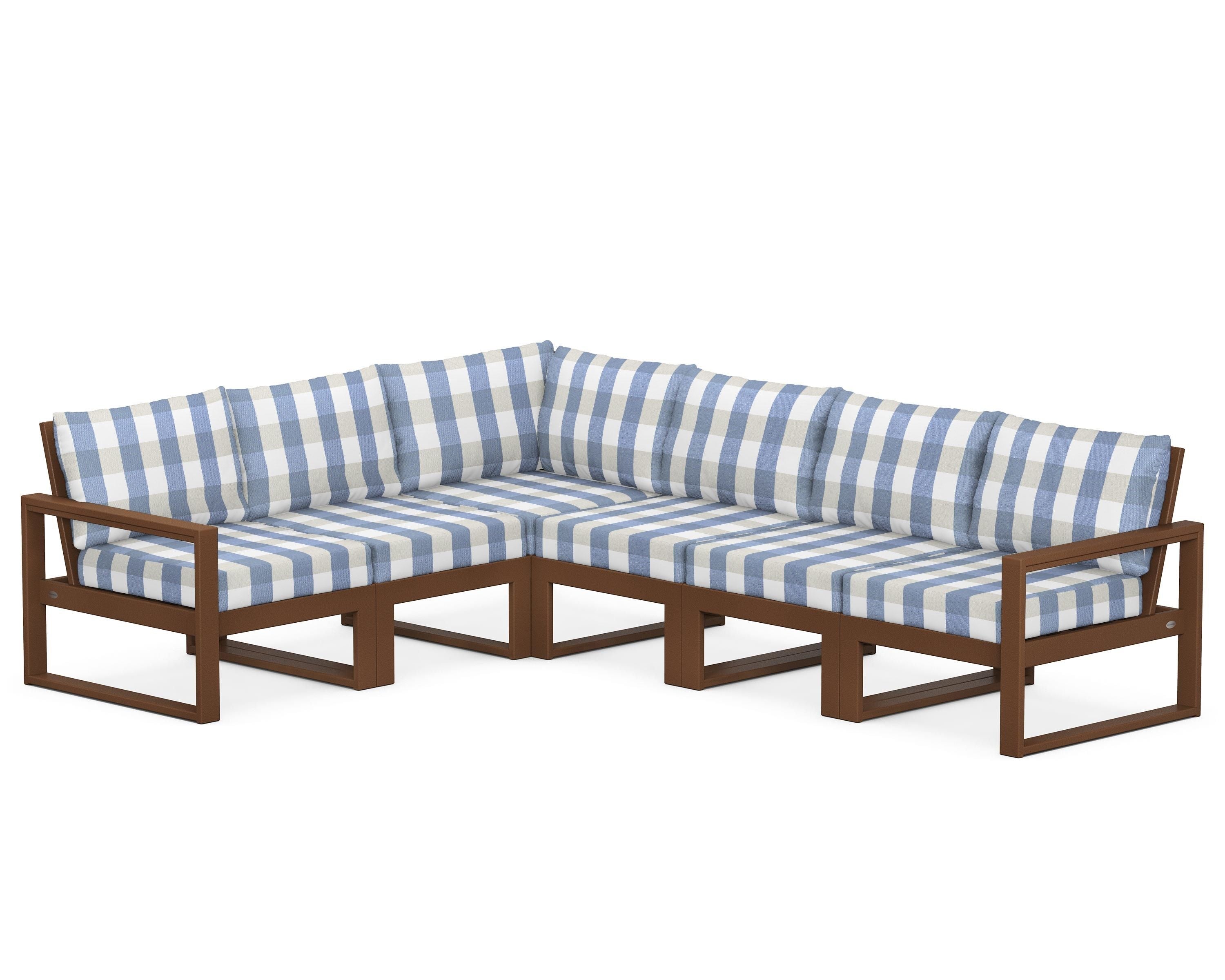 POLYWOOD® EDGE 6-Piece Modular Deep Seating Set in Teak / Buffalo Plaid Sky Blue