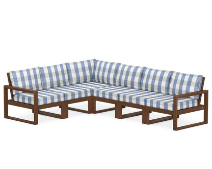POLYWOOD® EDGE 6-Piece Modular Deep Seating Set in Teak / Buffalo Plaid Sky Blue