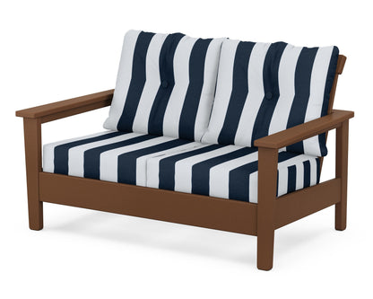 POLYWOOD® Prescott Deep Seating Loveseat in Teak / Cabana Stripe Marine Indigo