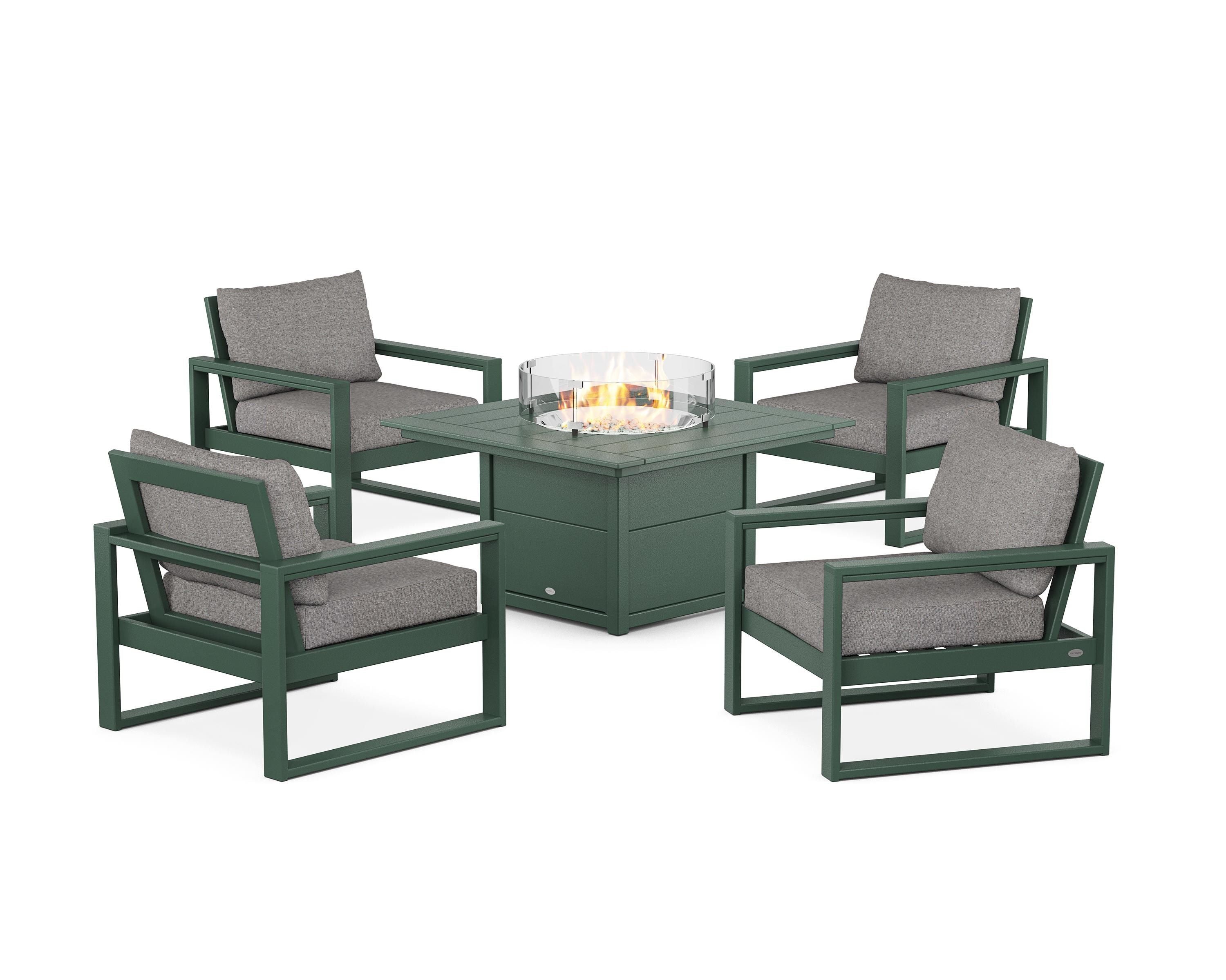 POLYWOOD® EDGE Sectional 5-Piece Deep Seating Set with Fire Pit Table in Green / Grey Mist