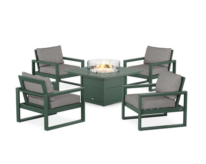 POLYWOOD® EDGE Sectional 5-Piece Deep Seating Set with Fire Pit Table in Green / Grey Mist