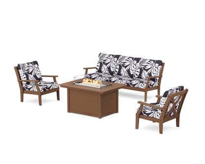 POLYWOOD® Braxton Deep Seating Fire Pit Table Set in Teak / Leaf Navy