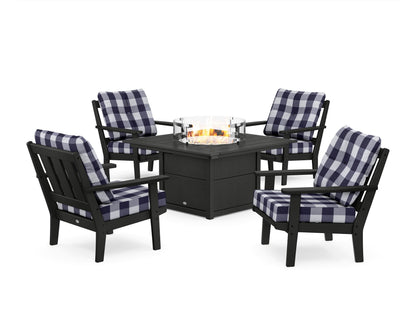 POLYWOOD® Oxford 5-Piece Deep Seating Set with Fire Pit Table in Black / Buffalo Plaid Navy