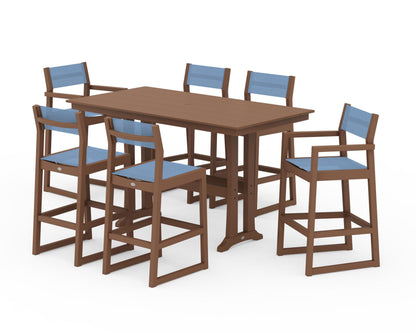 POLYWOOD® EDGE Sling 7-Piece Farmhouse Bar Set with Trestle Legs in Teak / Poolside Sling