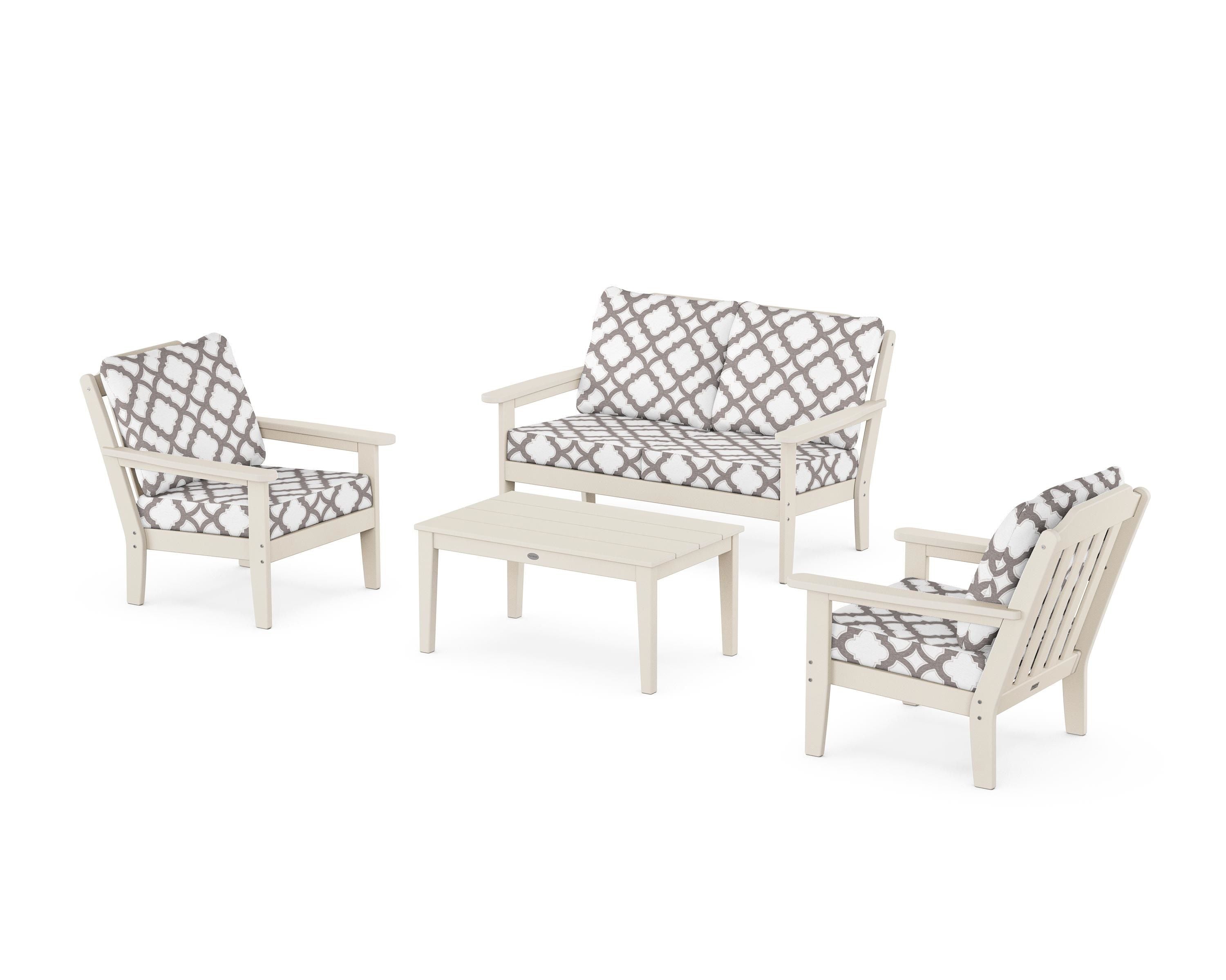 Country Living Cottage 4-Piece Deep Seating Set with Loveseat in Sand / Trellis Grey Mist