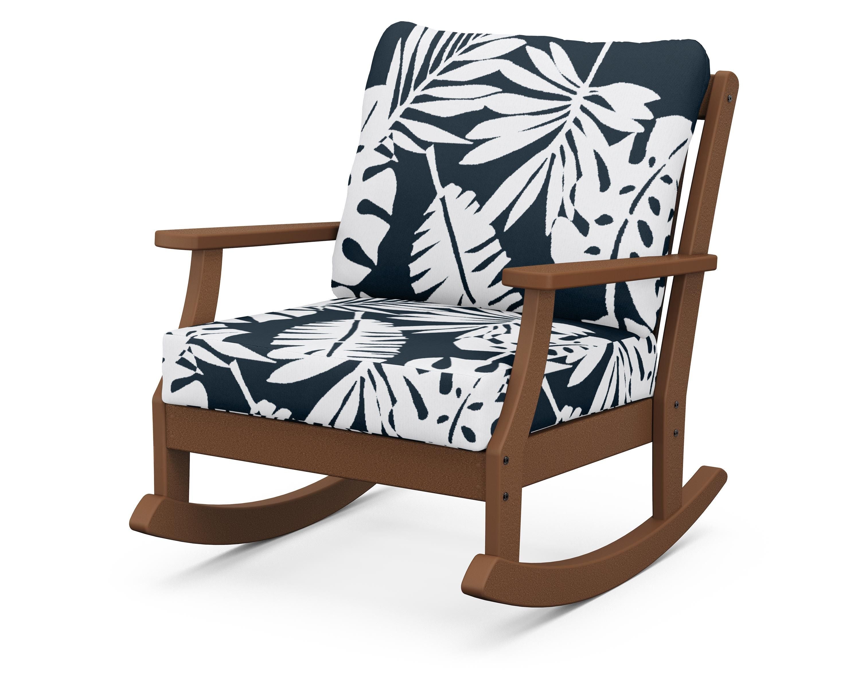 POLYWOOD® Braxton Deep Seating Rocking Chair in Teak / Leaf Marine Indigo