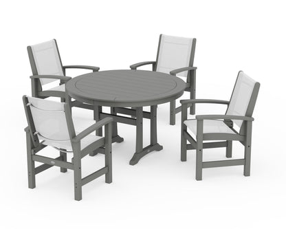POLYWOOD® Coastal 5-Piece Round Dining Set with Trestle Legs in Slate Grey / White Sling