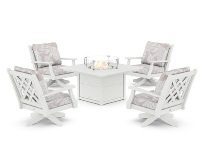 Country Living Wovendale 5-Piece Deep Seating Swivel Conversation Set with Fire Pit Table in White / Leaf Dune Burlap