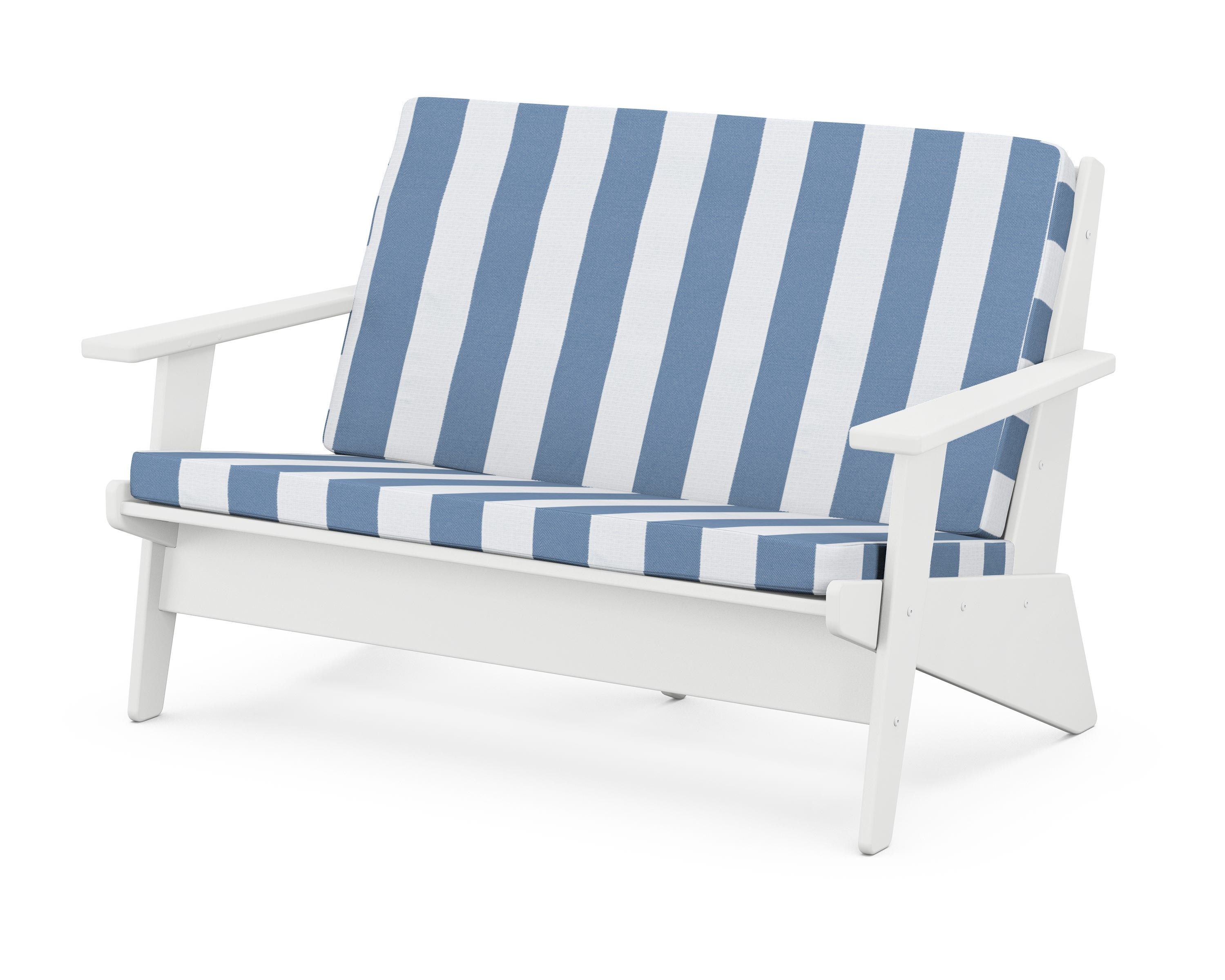POLYWOOD® Riviera Modern Lounge Loveseat in White / Cabana Stripe Sky Blue