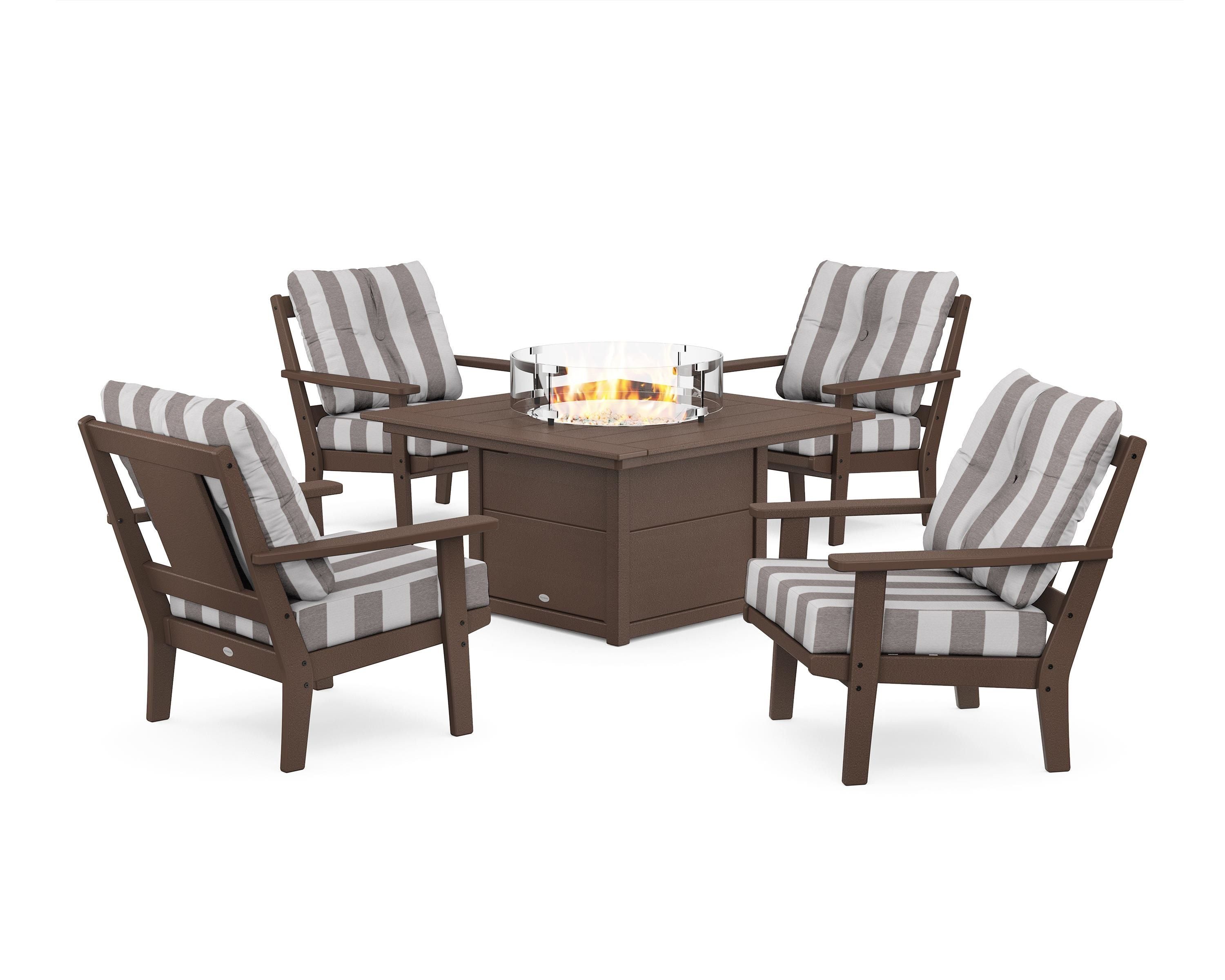 POLYWOOD® Prairie 5-Piece Deep Seating Set with Fire Pit Table in Mahogany / Cabana Stripe Grey Mist
