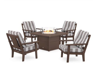 POLYWOOD® Prairie 5-Piece Deep Seating Set with Fire Pit Table in Mahogany / Cabana Stripe Grey Mist