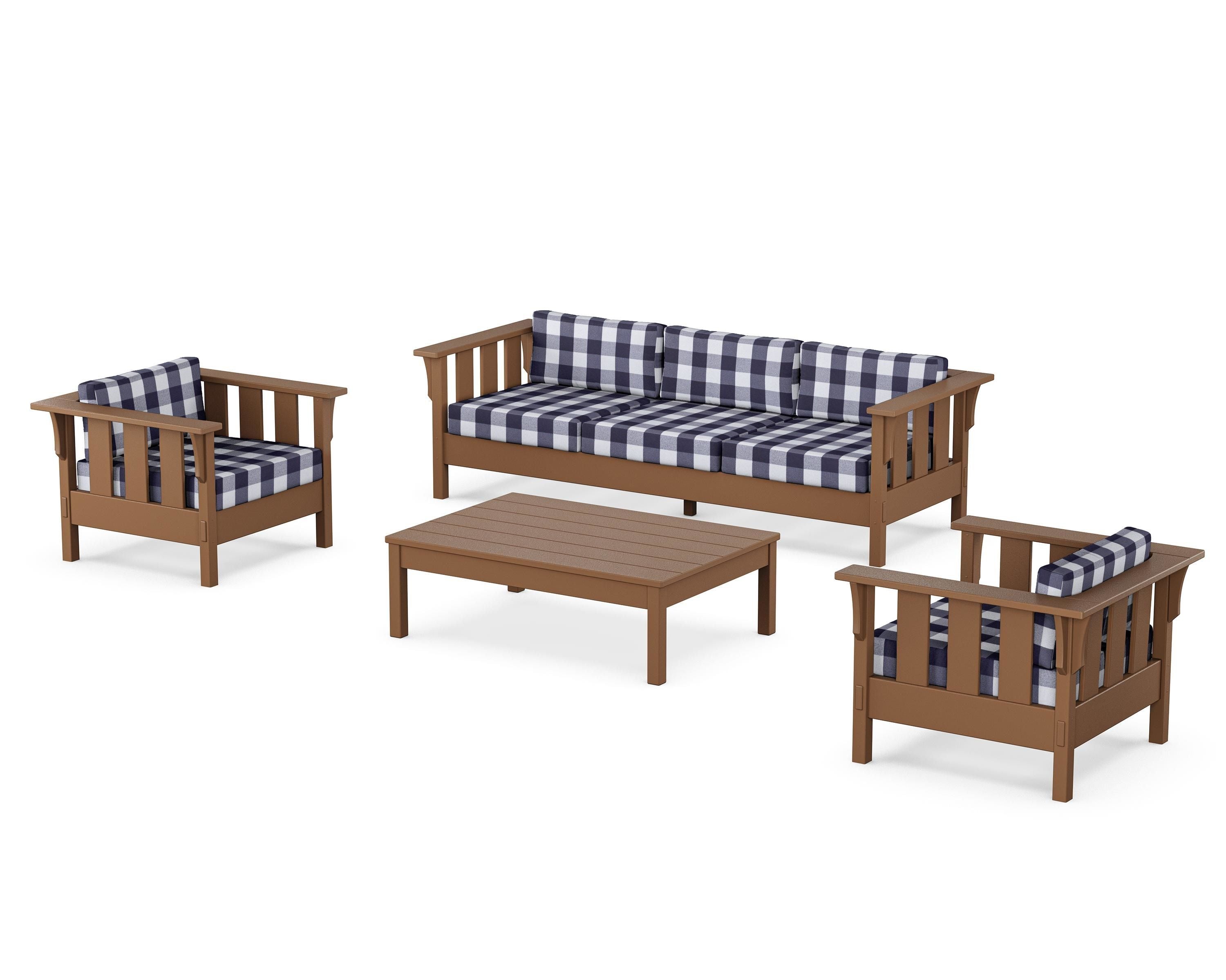 Martha Stewart by POLYWOOD® Acadia 4-Piece Deep Seating Set with Sofa in Teak / Buffalo Plaid Navy