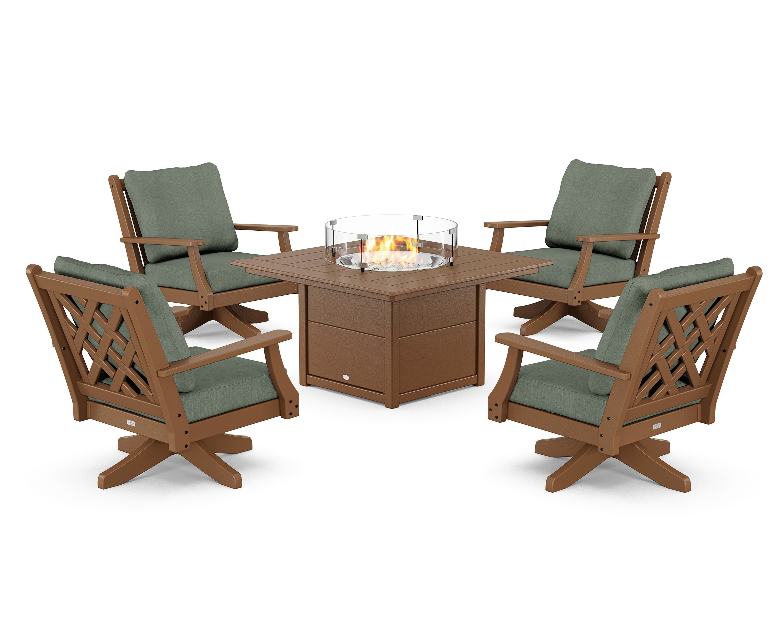 Country Living Wovendale 5-Piece Deep Seating Swivel Conversation Set with Fire Pit Table in Teak / Cast Sage