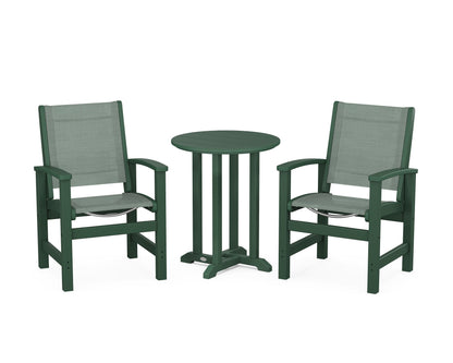 POLYWOOD® Coastal 3-Piece Round Bistro Dining Set in Green / Dupioni Sea Mist Sling
